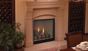 Gas fireplace lit with white mantel surround.